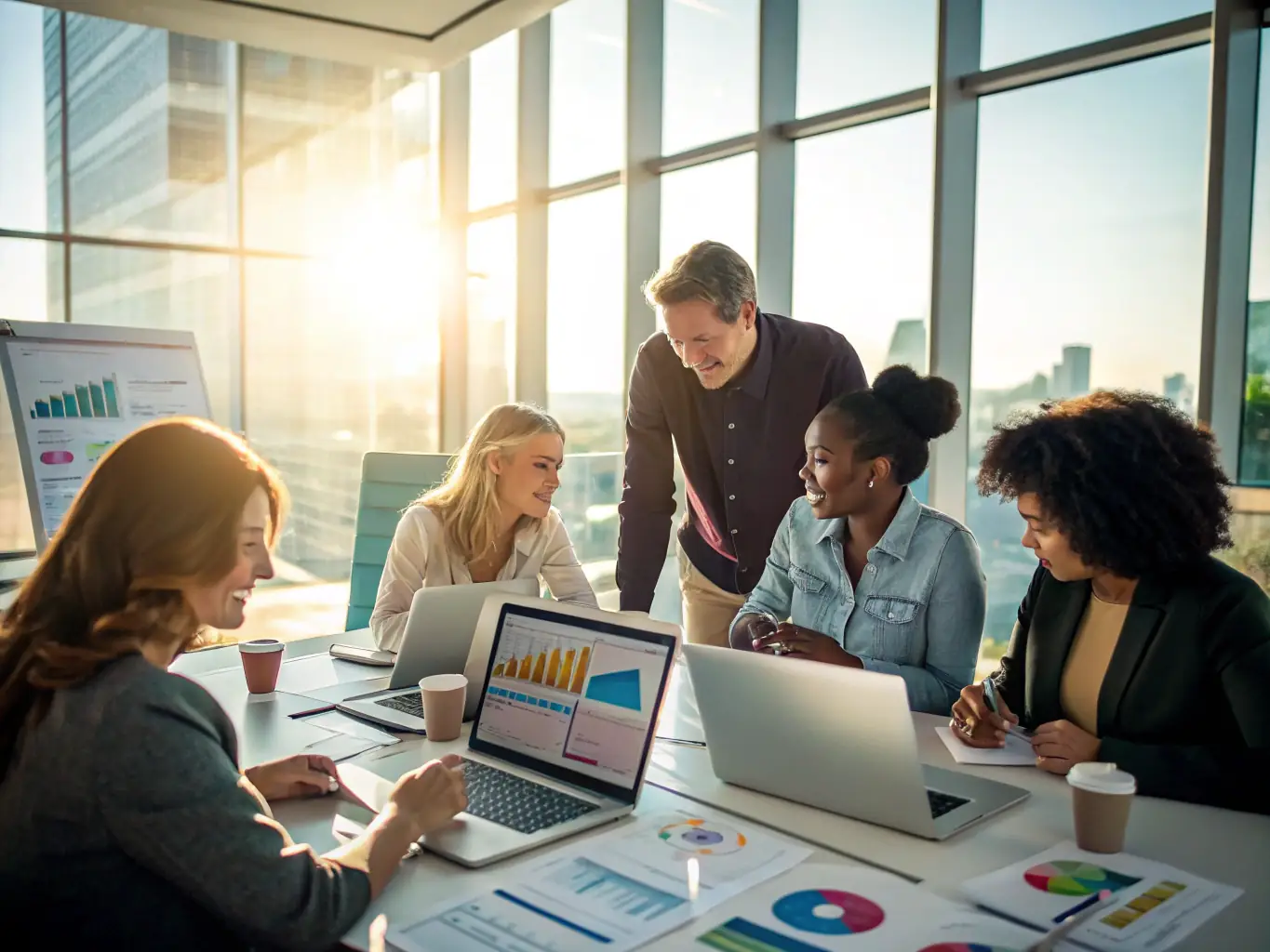 A professional workspace featuring a team collaborating on Google Ads campaigns, showcasing data analysis and strategic planning for effective ad management.