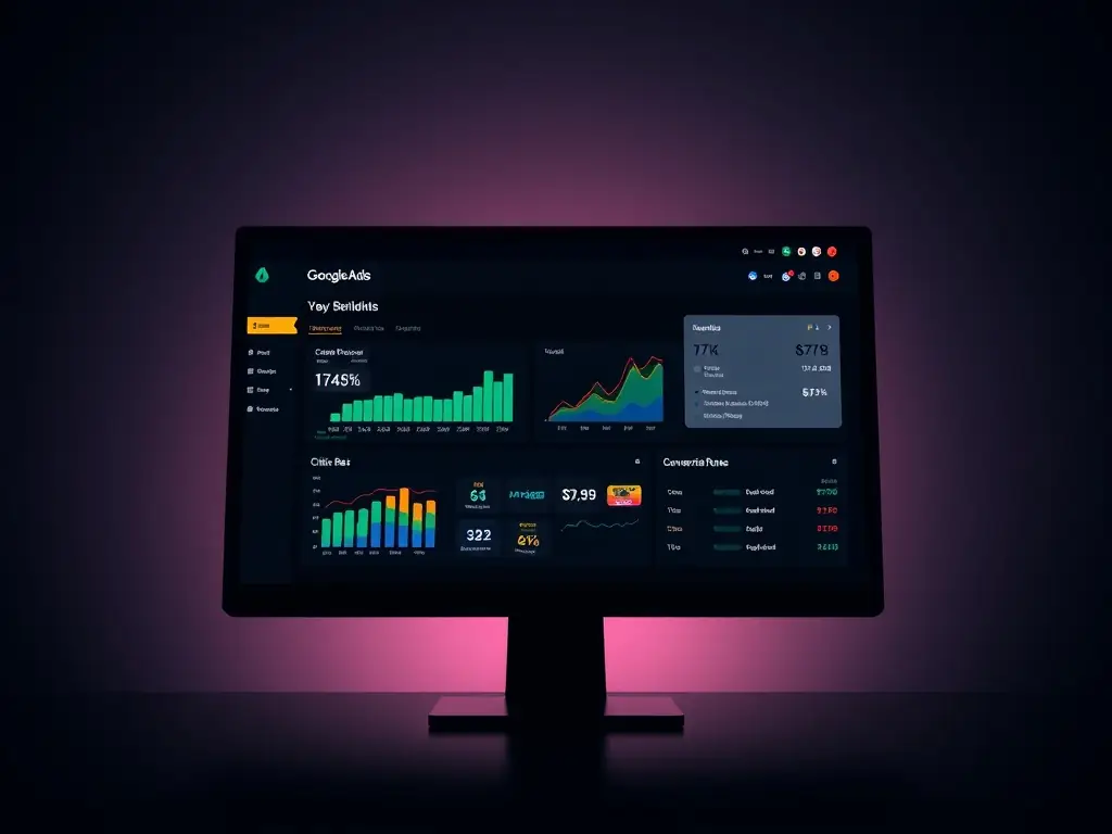 A professional graphic showcasing a well-structured Google Ads campaign dashboard, highlighting key metrics such as click-through rate, conversion rate, and cost per acquisition, set against a backdrop of data analytics charts.