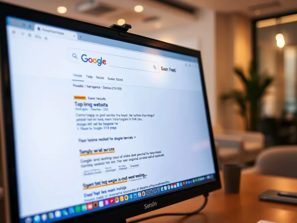 An image depicting a website's search engine results page (SERP) with the client's website ranking at the top, surrounded by relevant keywords and SEO-related icons, symbolizing improved online visibility.